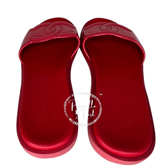 Chanel Red Patent Maxi Cc Logo Mules Slides 35 Red Pink Coral Sandals - Picture 3 of 8